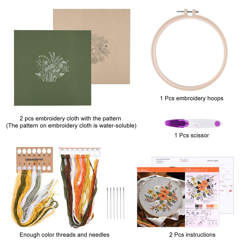 FEPITO 2 Sets Full Range Embroidery Starter Kit with Pattern and Instructions Cross Stitch Kit Includes 2 Pcs Embroidery Clothes with Floral Pattern, 1 Pcs Plastic Embroidery Hoops, 1 Pcs Scissor - Image 2